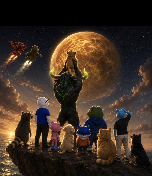 A ragtag group of animals and cartoon characters gaze up at a massive, cratered moon while a muscular, green-glowing minotaur holds a small teddy bear aloft—evoking a quiet, cinematic "watching a legend rise" moment that mirrors the post's message about patient conviction building something legendary.