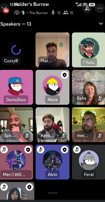 A screenshot of a Twitter Spaces audio room titled '11Holder's Burrow' showing 13 speakers and 15 participants.