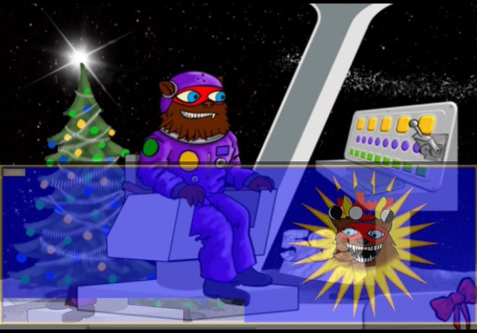 The image depicts a cartoonish figure in a purple spacesuit with a red mask and beard, seated in a futuristic cockpit beside a decorated Christmas tree and a control panel, with a grinning sun face in the lower right—all set against a starry space backdrop. This whimsical, cosmic holiday scene matches the post’s surreal imagery of "Christmas in the chair," with the jester-like bear, sun face, and holiday elements mirroring the cryptic, festive allegory described.