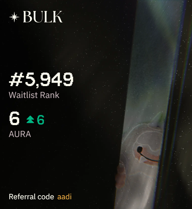 BULK waitlist screenshot showing rank #5,949 and 6 AURA points, with referral code 'aadi' displayed.