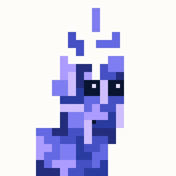 A small pixel art sprite of a purple character or creature with a pointed head, featuring simple black eyes in a minimalist blocky style.