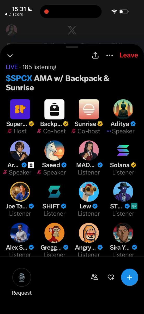 The image shows a smartphone screen displaying an album or program called "Live 193" featuring multiple profiles of people, some of whom are labeled as "Backpack" fans and "Speaker" enthusiasts. The phone screen also indicates that there is a request for the user to join this event. However, only a few people appear on the screen, with others not fully visible or possibly hidden in the bottom right corner. 

The main focus of the post seems to be on the album or program being played, rather than the individual profiles displayed on the phone screen.