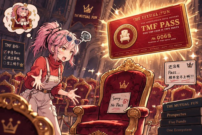 An anime-style girl with pink hair and sunglasses reacts anxiously to an empty red velvet throne chair with a "Sorry, No Pass" sign, while a glowing "TMF PASS #0069" ticket from "THE MUTUAL FUN" floats nearby, alongside books titled "Prospectus," "Five Funds," and "One Ecosystem." The image humorously illustrates the caption's anxiety over the ticking deadline for the TMF Pass application, emphasizing the scarcity and excitement of obtaining one.