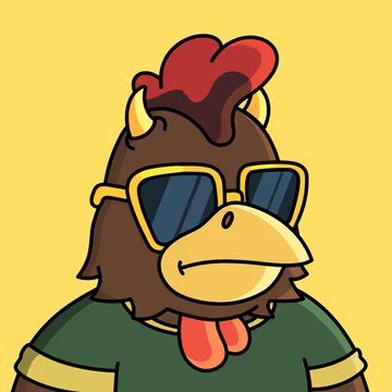 Cartoon illustration of a cool chicken character wearing yellow-rimmed sunglasses and a green shirt, with a red comb and wattle, set against a yellow background.