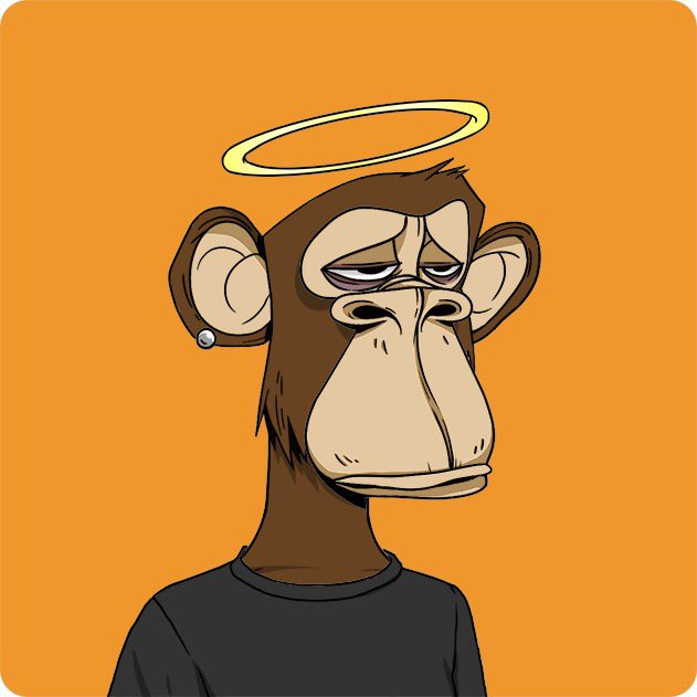 A cartoon illustration of a Bored Ape character wearing a black shirt and a yellow halo against an orange background.