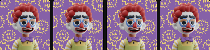 A cartoonish claymation-style clown figure with red hair and a yellow bow tie appears four times in a row against a purple background patterned with 'HA HA' starbursts.