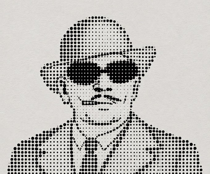 A halftone dot-pattern illustration portrays a man wearing a wide-brimmed hat and dark sunglasses.