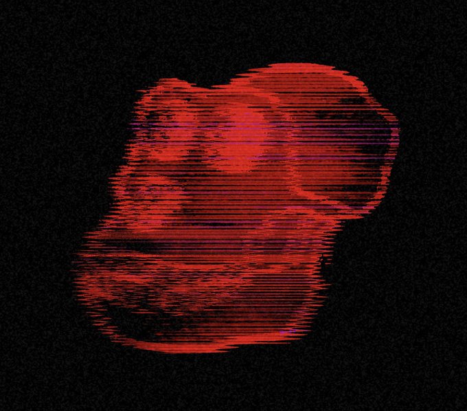 A stylized, glitchy red graphic of a figure or face with horizontal distortion lines against a dark, textured background.