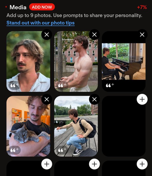 A photo upload interface on a dating app shows five photos of a young man with long hair, including shots of him shirtless, playing piano, holding a cat, and posing outdoors, with the header 'Media' and '+7%'.