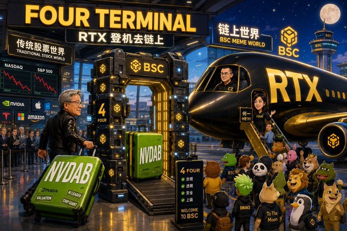 A digital illustration parodying crypto culture, depicting Jensen Huang walking through an airport terminal labeled '4 FOUR' toward a black 'RTX' airplane with 'BSC' branding.