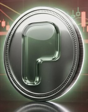 A silver crypto-style coin featuring a prominent "P" emblem sits against a backdrop of candlestick charts, visually representing the token's decline. The image aligns with the breaking news of the $PONS token dropping another 9% amid continued revenue losses.