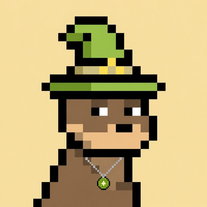 The image features a cartoon character wearing a green hat, which appears to be a wizard's hat. The character has a brown body with a necklace around its neck. There are also two small circles of different colors placed near the bottom corners of the image. The caption reads "I have accepted the invitation to Dogwarts Thank you the wizard dao for the opportunity Let the magic begin @lil_defi @barkmeta @GodsBurnt".