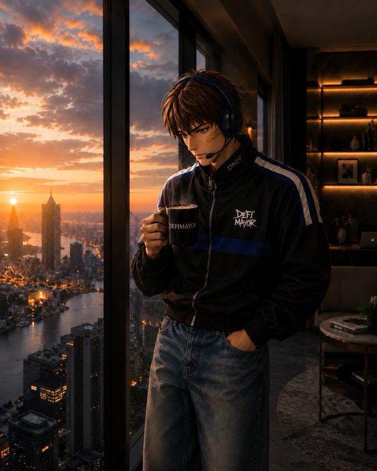 An anime-style character wearing a headset and a black "Deft Major" jacket holds a coffee mug while standing by a window overlooking a city skyline at sunset. The relaxed, content pose captures the chill morning "gm" (good morning) vibe of the post, as if the character is enjoying a quiet coffee moment to start the day.