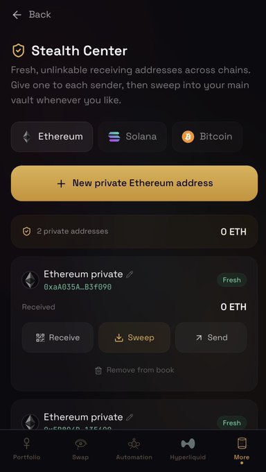 Screenshot of a "Stealth Center" wallet interface showing fresh, unlinkable receiving addresses across Ethereum, Solana, and Bitcoin, with options to receive, sweep, and send from 2 private Ethereum addresses (e.g., 0xaA035A...B3f090) that hold 0 ETH, illustrating the post's feature of generating non-custodial addresses for private payments on BTC, ETH, and SOL.