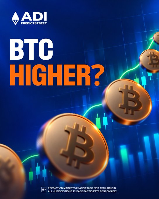 The image is a promotional graphic from "ADI Predictstreet" featuring bold text reading "BTC HIGHER?" alongside golden Bitcoin coins and a rising green candlestick chart on a blue background, with a disclaimer noting prediction markets involve risk and are unavailable in all jurisdictions. It visually reinforces the post's question about Bitcoin's next directional move after bouncing from $80.4k back to $83k, asking traders to predict whether the price will continue higher.