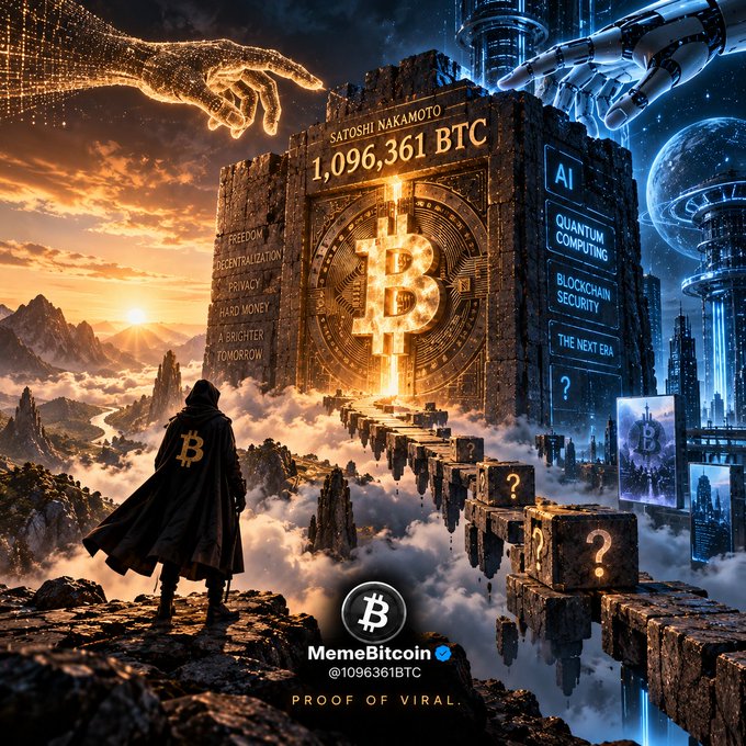 A stylized digital artwork featuring a figure in a cloak with a "B" symbol on the back looking towards a large stone structure bearing the Bitcoin logo and the text "SATOSHI NAKAMOTO 1,096,361 BTC," with a "MemeBitcoin" logo and "@1096361BTC PROOF OF VIRAL" text at the bottom.
