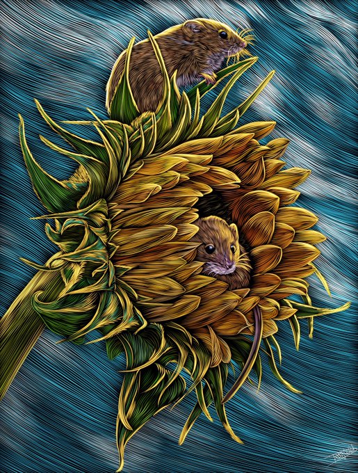 A stylized illustration depicts two small mice, one sitting atop and the other nestled within a large sunflower, set against a swirling blue and white textured background.