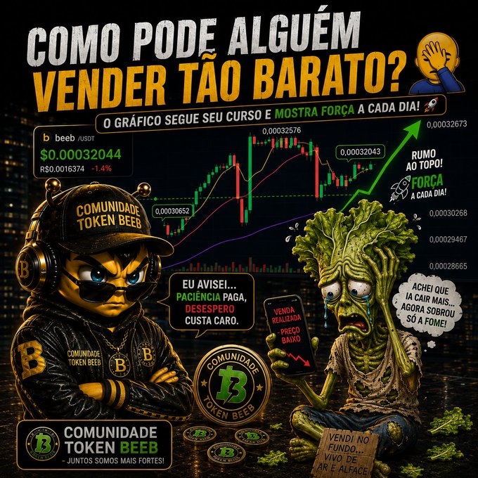 A Portuguese-language promotional graphic for 'COMUNIDADE TOKEN BEEB' asking 'COMO PODE ALGUÉM VENDER TÃO BARATO?' (How can someone sell so cheap?), featuring a sad cartoon character and a chart for the 'beeb' cryptocurrency.