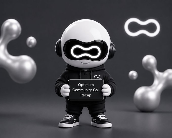 A cute white robot mascot wearing headphones and a black hoodie holds a tablet displaying "Optimum Community Call Recap," with the project's infinity-style logo glowing on its visor and floating in the background, visually reinforcing the post's summary of the Optimum Weekly AMA update teasing an imminent mainnet launch.