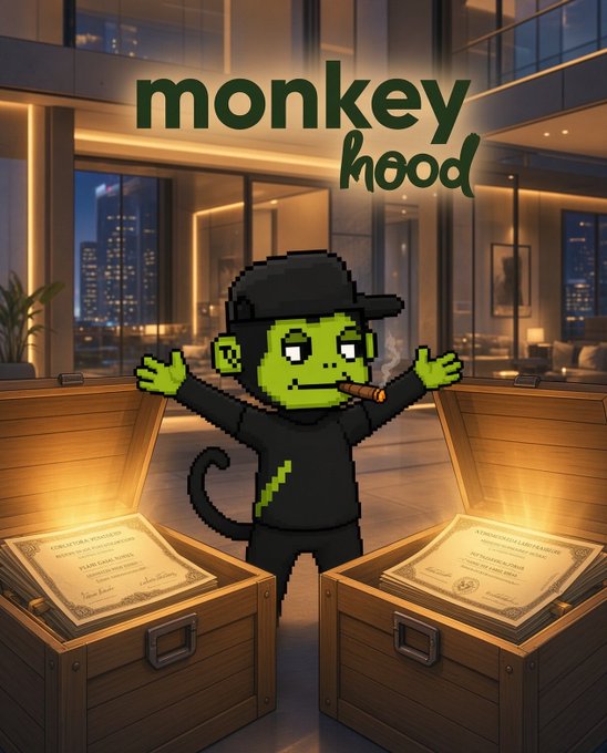A pixel-art monkey in black streetwear stands triumphantly between two open treasure chests filled with stock certificates in a luxurious penthouse, beneath the "monkeyhood" logo. The image visually reinforces the post's promise of "real stocks dropped straight to their wallets" for upgraded "monkes," with the glowing certificates symbolizing the $17,000 stock payout.