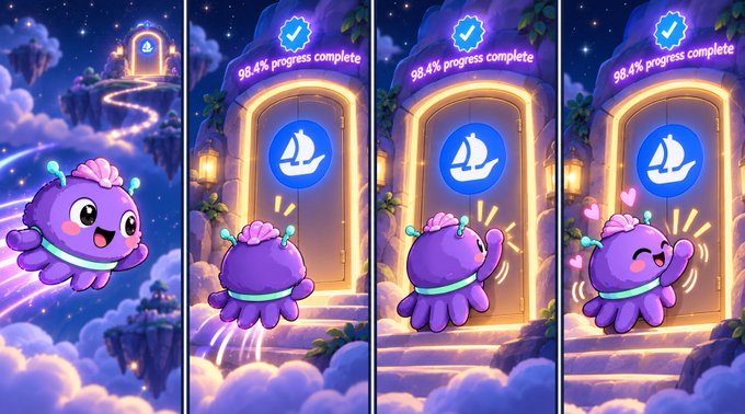 A cute purple creature with a seashell on its head excitedly runs toward a glowing portal showing "98.4% progress complete," almost finishing its journey. The image playfully illustrates the post's call to action, encouraging someone to push through the final 1% toward completion.