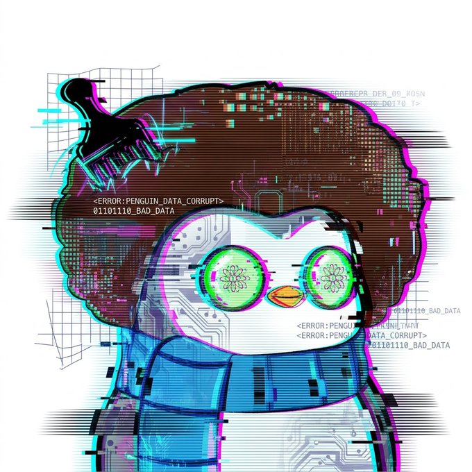 A glitchy digital art piece depicting a penguin-like character with large green eyes, wearing a blue scarf, overlaid with error messages reading '<ERROR: PENGUIN_DATA_CORRUPT>' and '01101110_BAD_DATA'.