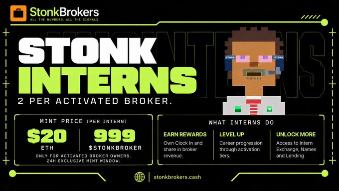 The image is a promotional graphic for StonkBrokers announcing "STONK INTERNS" NFTs with a mint price of $20 ETH or 999 $STONKBROKER, available only to activated broker owners during an exclusive mint window. It relates to the post by illustrating the StonkInterns mint opportunity (likely the "Meebco StonkInterns" referenced), though the post specifies 4 spots available with an application deadline of 12pm EDT on Sunday 9/20 rather than a direct mint.