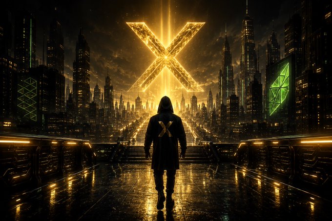 A hooded figure stands before a towering illuminated "X" symbol against a futuristic golden cityscape, with the "X" emblem also visible on the back of their jacket—evoking the launch of the $XFORY token on Robinhood Chain as a bold new frontier for crypto communities.