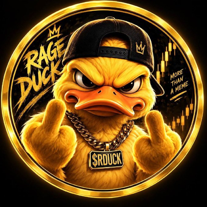 A golden coin featuring a fierce duck wearing a black backwards cap and a gold chain that reads '$RDUCK', with text 'RAGE DUCK' and 'MORE THAN A MEME'.
