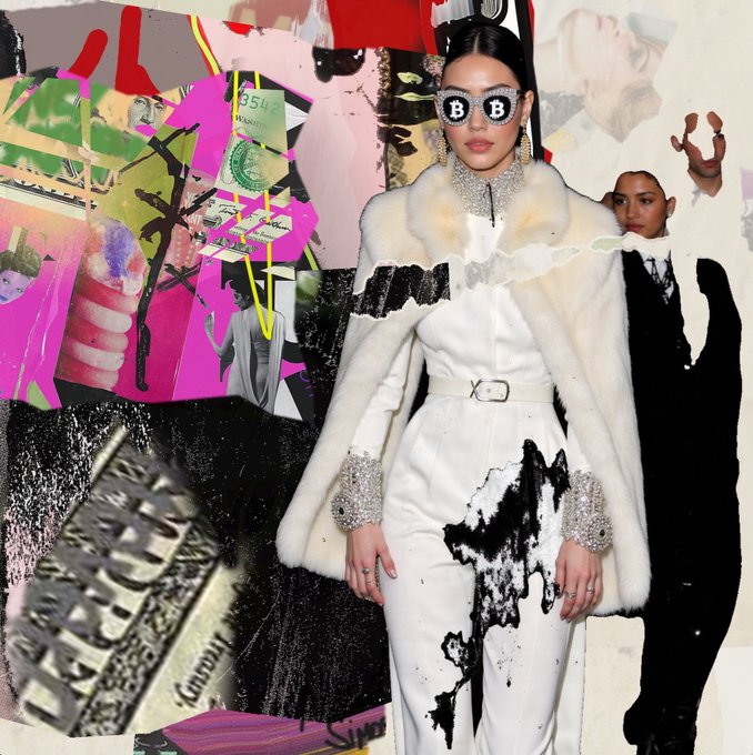 A fashion model wearing a white outfit with a fur-trimmed coat, jeweled sunglasses with 'BB' logos, and a crystal choker, posed against a colorful artistic collage backdrop.