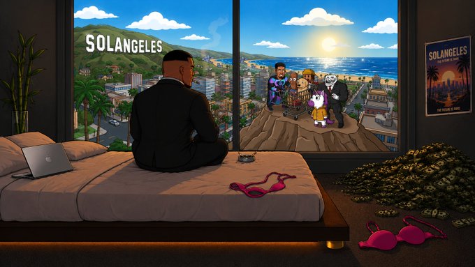 A man sits on a bed in a modern hotel room overlooking a coastal city with a "SOLANGELES" sign visible on a distant hill, while a giant screen displays animated characters including a bear in sunglasses beside the hashtag #SOLANGELES, perfectly matching the tweet's relaxed "watching the sunset" vibe.
