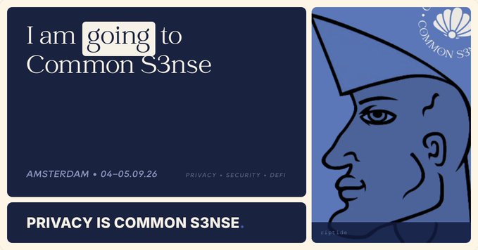 A navy blue promotional graphic reading 'I am going to Common S3nse' with 'AMSTERDAM • 04-05.09.26' and 'PRIVACY • SECURITY • DEFI' below, alongside a tagline 'PRIVACY IS COMMON S3NSE' and an illustration of a person's profile wearing a cap, with the 'Common Sense' logo and a 'riptide' watermark.
