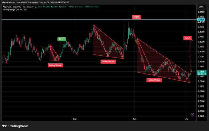 A TradingView chart of Algorand/TetherUS on Binance showing falling wedge patterns with 'Target' and 'Falling Wedge' labels, with a current price of 0.0850 USDT.