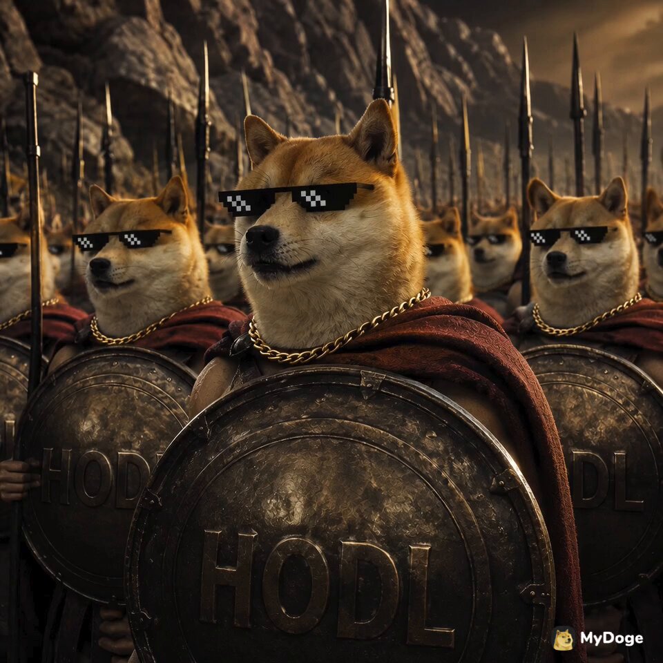 The image features a group of Shiba Inu dogs, each wearing armor and sunglasses with "HODL" written on them. They are standing next to each other, creating an interesting and visually appealing scene that seems to be related to the post about HODL.