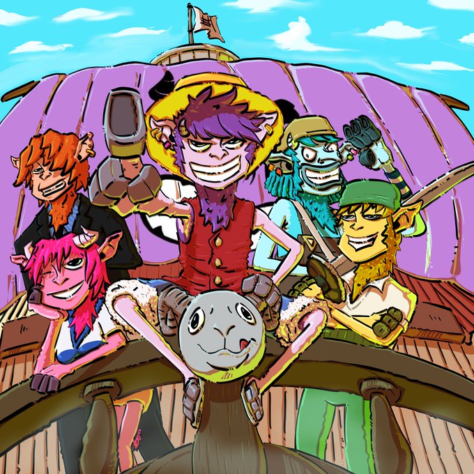 A hand-drawn illustration depicts a group of anthropomorphic goat characters dressed as One Piece pirates, including a Straw Hat-wearing captain with a wide grin, a pink-haired crew member, and a blue-bearded figure, posed triumphantly at the helm of a ship with a purple sail. The artwork serves as the creator's original entry for the GOATS Art Contest on Solana, blending the GOATS theme with the energy of the iconic anime.