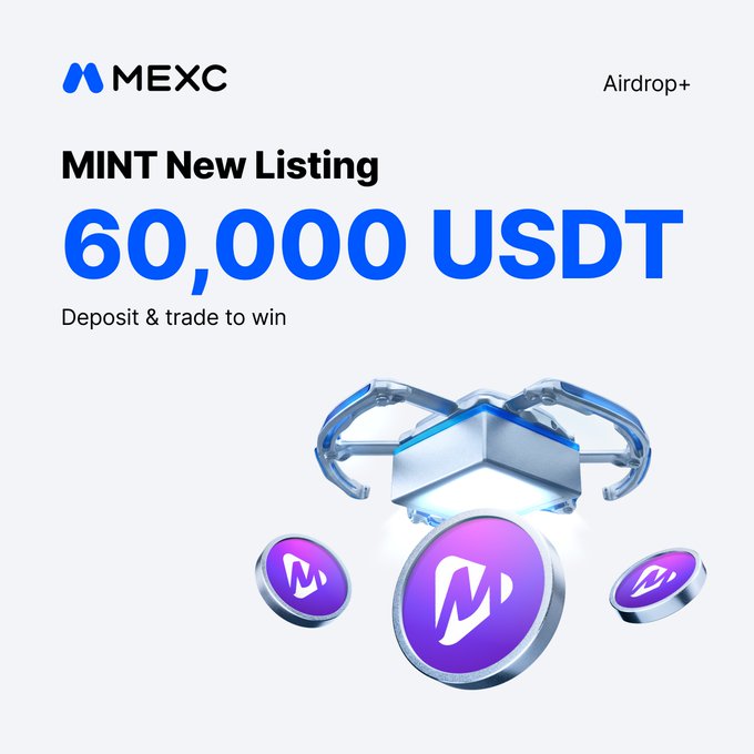 A MEXC promotional banner for a new Airdrop+ listing of $MINT (Mintellect_AI) token, offering users a chance to share in 60,000 USDT by depositing and trading. The banner features the MEXC branding, the Airdrop+ label, and 3D renderings of purple MINT tokens alongside a robotic claw graphic.