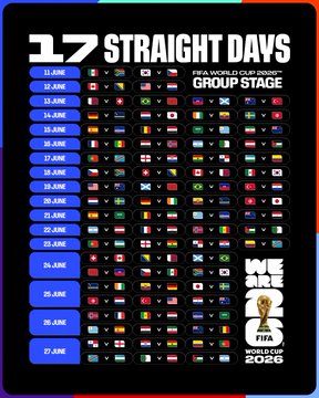 The image features a poster with a calendar for the FIFA World Cup, which includes various countries' flags. The poster displays the dates of the World Cup from June through November, along with the names of the participating nations. The text on the poster indicates that the event is taking place in 2016 and that the winners will be awarded the FIFA World Cup trophy.