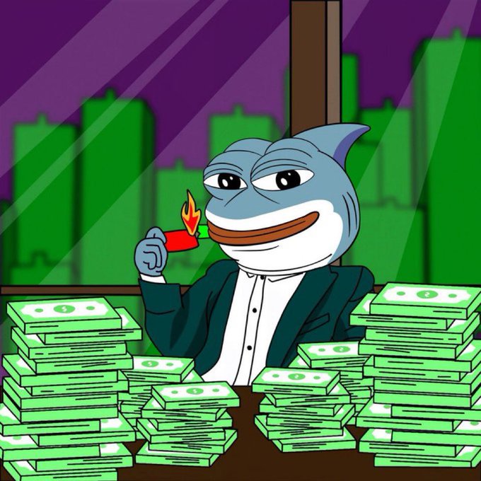 A cartoon shark character in a suit holds a lit match while sitting behind massive stacks of cash with a purple city skyline in the background. The image humorously illustrates the post's prediction of significant financial gain for the average Ocean Pepe ($OCEANPEPE) token holder on the Solana blockchain, with the burning match and piles of money symbolizing incoming profits.