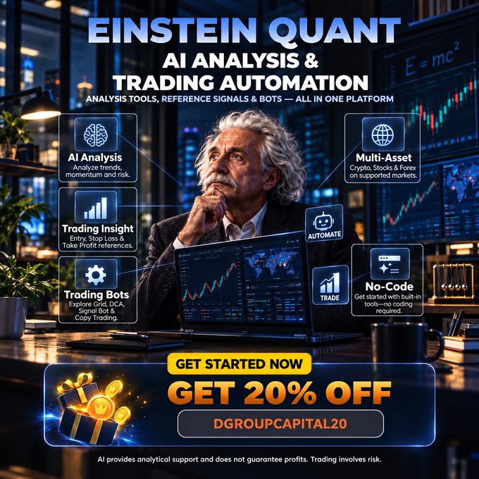 A stylized promotional banner featuring a thoughtful figure resembling Einstein seated before trading charts, advertising "EINSTEIN QUANT" as an AI analysis and trading automation platform, with feature labels (AI Analysis, Trading Insight, Trading Bot, Multi-Asset, No-Code, Automate, Trade) and a "GET 20% OFF" offer using promo code **DGROUPCAPITAL20**.

The image directly visualizes the post's message of unifying AI-powered market analysis and trading automation into a single platform, pairing the Einstein/branding motif with the 20% discount promotion mentioned in the accompanying text.