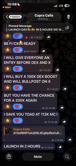 A mobile screenshot of a Telegram group chat called 'Cupra Calls' with a member ID '1156502', containing messages about a launch day, a 100X boost, and a 200X opportunity.