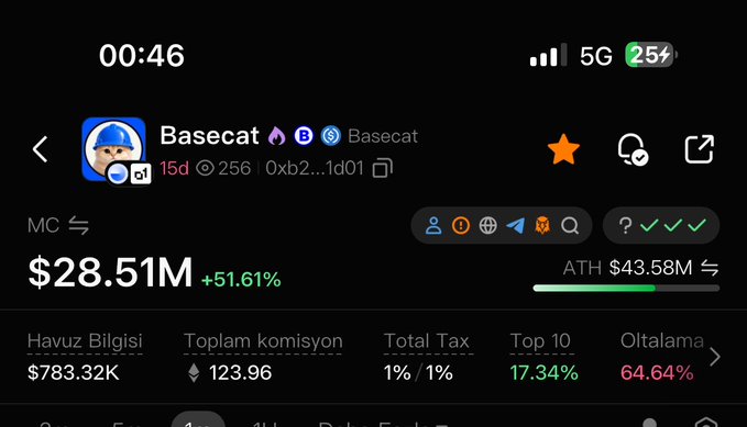 The image shows a cryptocurrency tracker screen for "Basecat" ($0xb2...1d01) with a market cap of $28.51M, up 51.61% in 15 days, alongside stats showing 17.34% Top 10 ownership and 64.64% external holders. This data supports the post's claim about significant smart money interest in $BASECAT, as the relatively low 17.34% Top 10 concentration suggests distributed whale accumulation rather than centralized control.