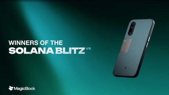 A smartphone is displayed against a teal background with the text "WINNERS OF THE SOLANA BLITZ v6" alongside the "MagicBlock" logo, promoting the announcement of winners from the Solana Blitz v6 Hackathon featuring 41 mobile apps.