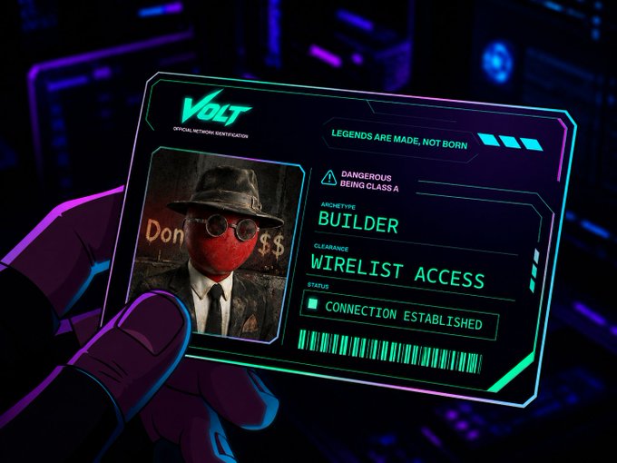 A digital ID card titled 'VOLT' held by a gloved hand, featuring a surreal character with a red tomato-like face wearing a fedora and suit, with 'Wirelist Access' and 'Connection Established' status.