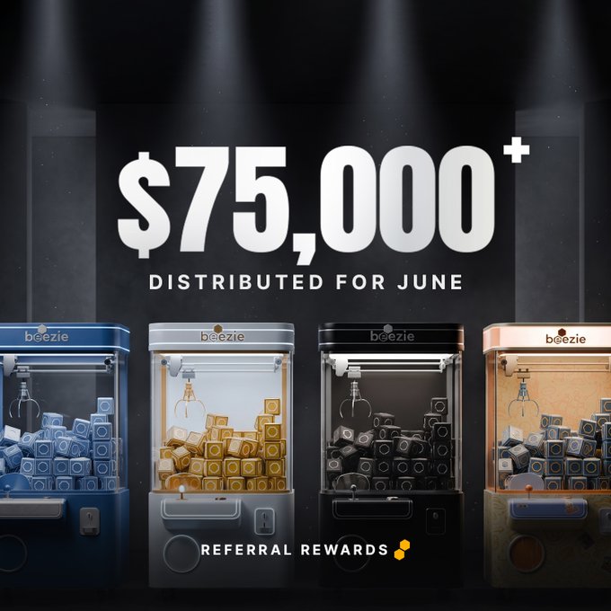 Four Beezie claw machines filled with prizes sit beneath bold text announcing "$75,000+ Distributed for June" as Referral Rewards, visually reinforcing the post's message about earning more points through daily check-ins and increased claw activity to unlock greater rewards tied to $CARDS.