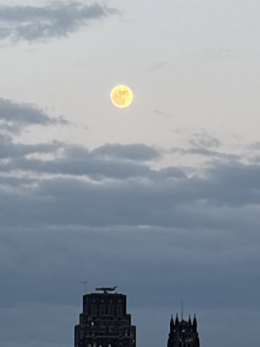 The image features two tall buildings with spires, one of which has a "doggecoin" posted on its roof. The sky above them is filled with clouds, creating an interesting contrast between the urban architecture and the celestial scene.