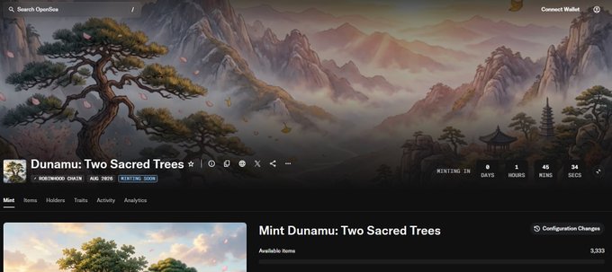 The image shows an OpenSea NFT collection page for "Dunamu: Two Sacred Trees" featuring a scenic Asian mountain landscape with pine trees and pagodas, displaying a countdown of 1 day, 45 hours, 34 minutes, and 34 seconds until minting goes live, with 3,333 available items. This relates to the accompanying post announcing the final round of whitelist minting for this collection in 2 hours, where 100 WL spots are being offered to participants who engage with the project on Twitter.