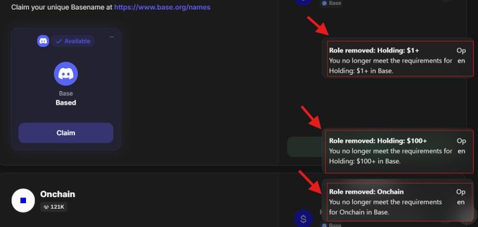 A Discord user shows their claimed "Based" Basename alongside a "Onchain" role with 121K members, while red arrows point to multiple notifications warning that roles including "Holding: $1+", "Holding: $100+", and "Onchain" were removed because the user no longer meets the requirements—illustrating the post's warning that Base Guild roles can be automatically removed even when holders still meet the criteria.