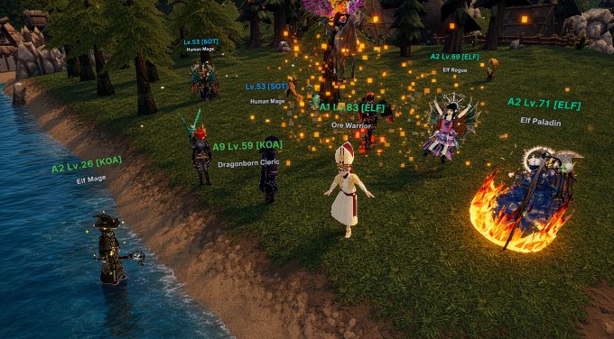 A video game screenshot showing multiple characters with green name labels (like 'A2 Lv.26', 'Ove Warrior', 'Elf Paladin') gathered on a grassy shore with a fire effect on the right.