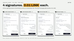 A Google search results page showing '4 signatures. 0.01 LINK each.' with multiple ledger entries displayed as result snippets.