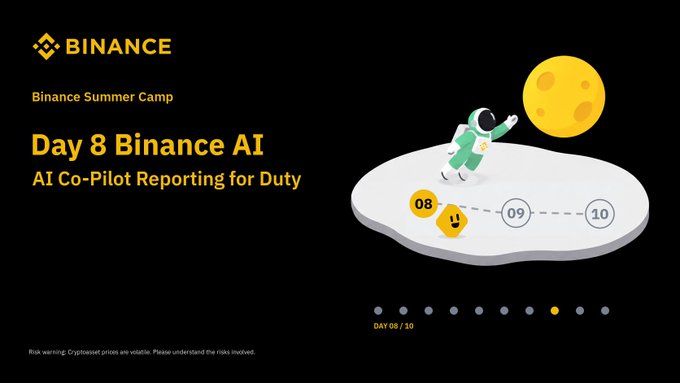 This Binance Summer Camp promotional graphic highlights "Day 8: AI Co-Perspective Reporting for Duty," featuring an astronaut character on a moon-like surface with a path numbered 08 through 10, while the post encourages users to participate in Day 8 to learn how Binance AI can power their research and analysis to become an "AI Commander."